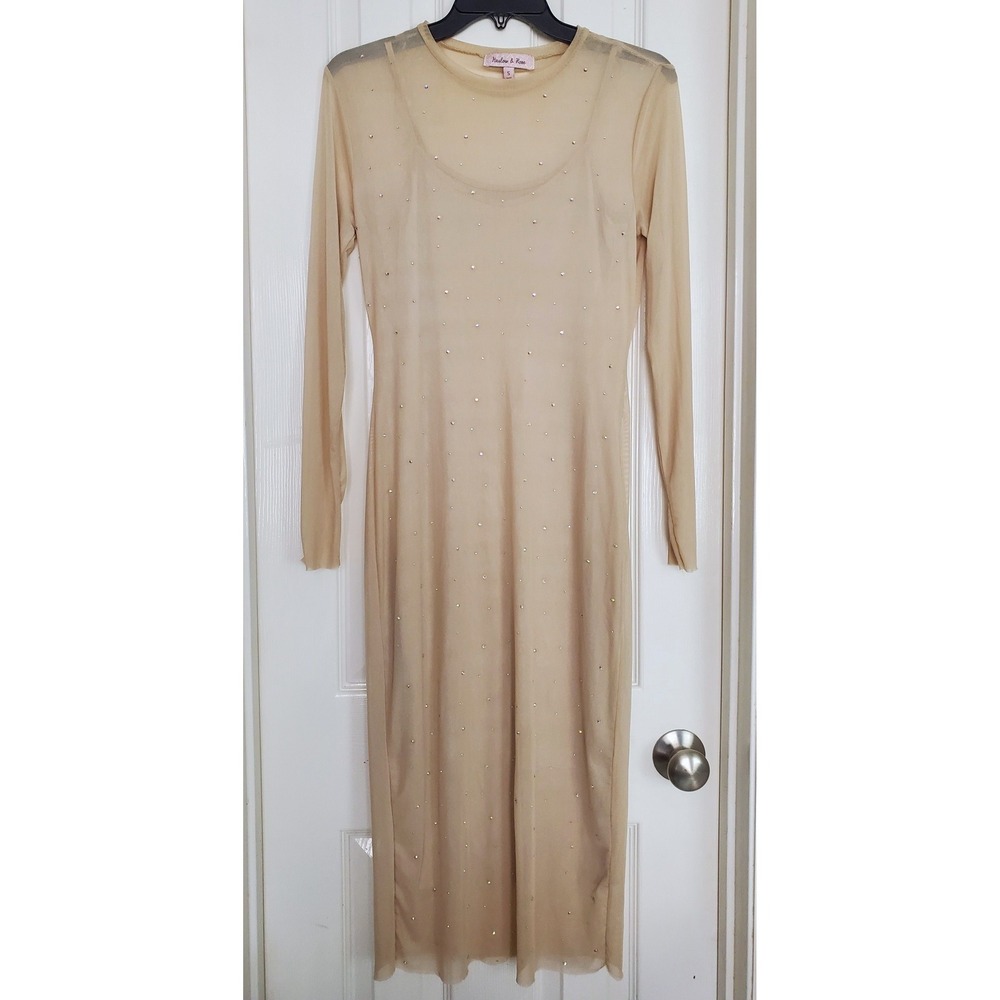 Sheer Bodycon Dress Nude Rhinestone Embellished Mesh Long Sleeve Overlay Party S